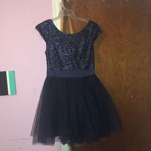 Navy Blue, tulle and sequin, short prom dress.